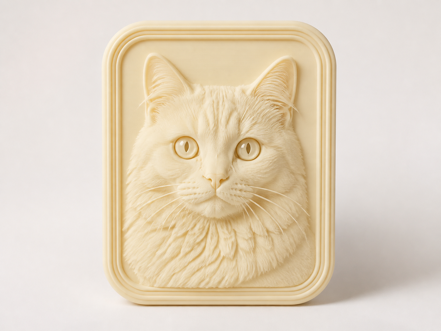 Illustrative custom cat portrait as a raised 3D printed relief plaque
